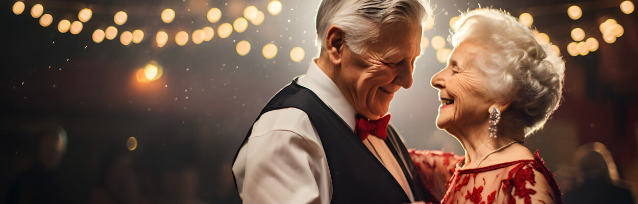 Senior couple dancing closely together under fairy lights